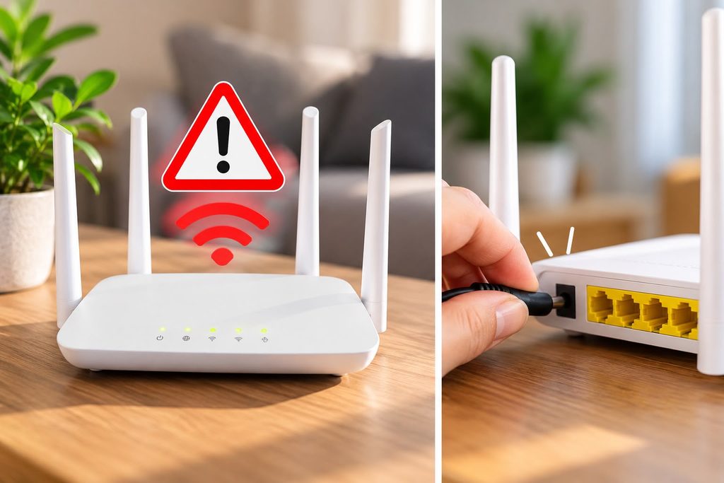 Router Wi-Fi ze znakiem ostrzegawczym – problem z internetem