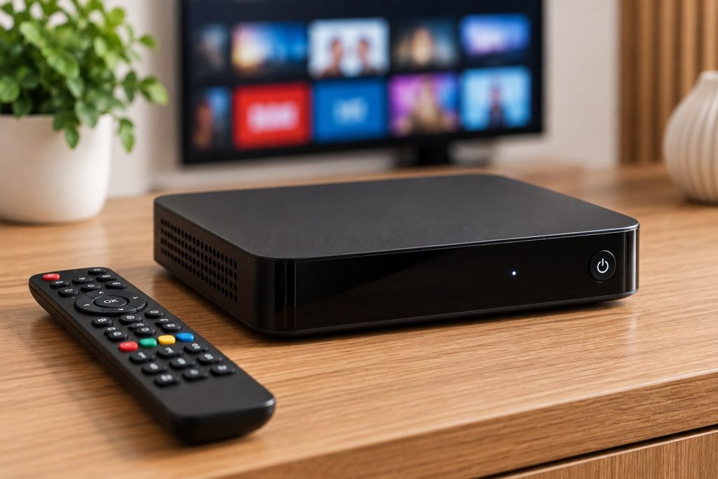 Dekoder IPTV z pilotem pod telewizorem – telewizja przez internet