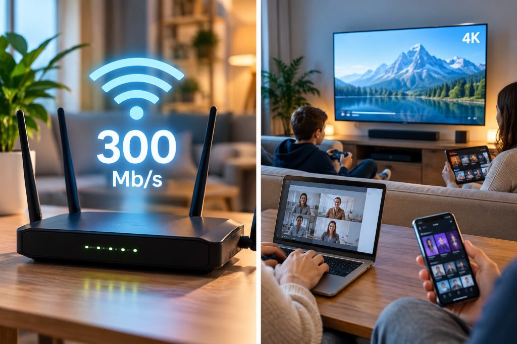 Internet 300 Mb/s – router Wi-Fi i domownicy oglądający telewizję, pracujący i grający jednocześnie