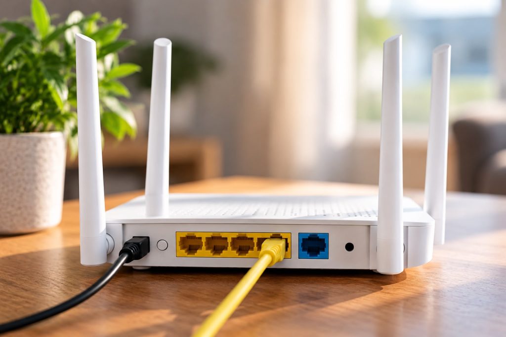 Router Wi-Fi z antenami i podłączonym przewodem Ethernet