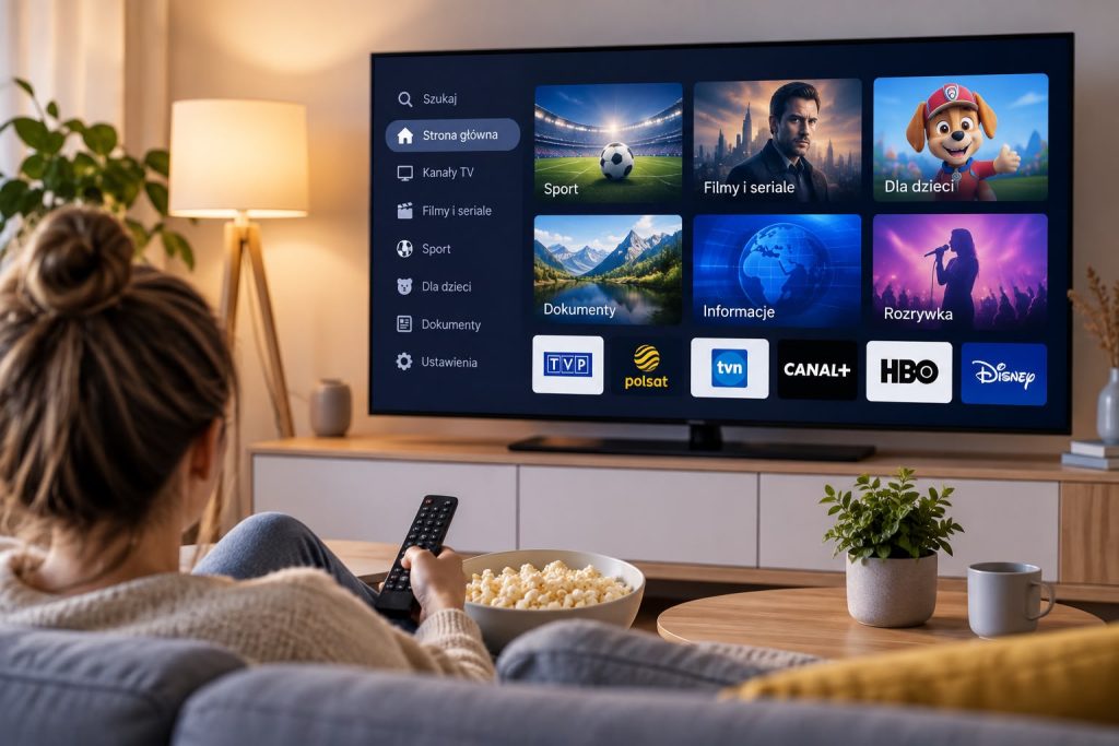 Wybór kanałów telewizyjnych – telewizor z pakietem TV w salonie