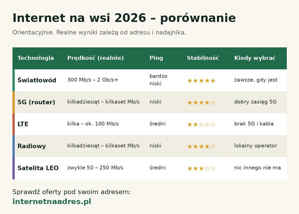 Porównanie internetu na wsi: światłowód, 5G, LTE, radiowy i satelitarny